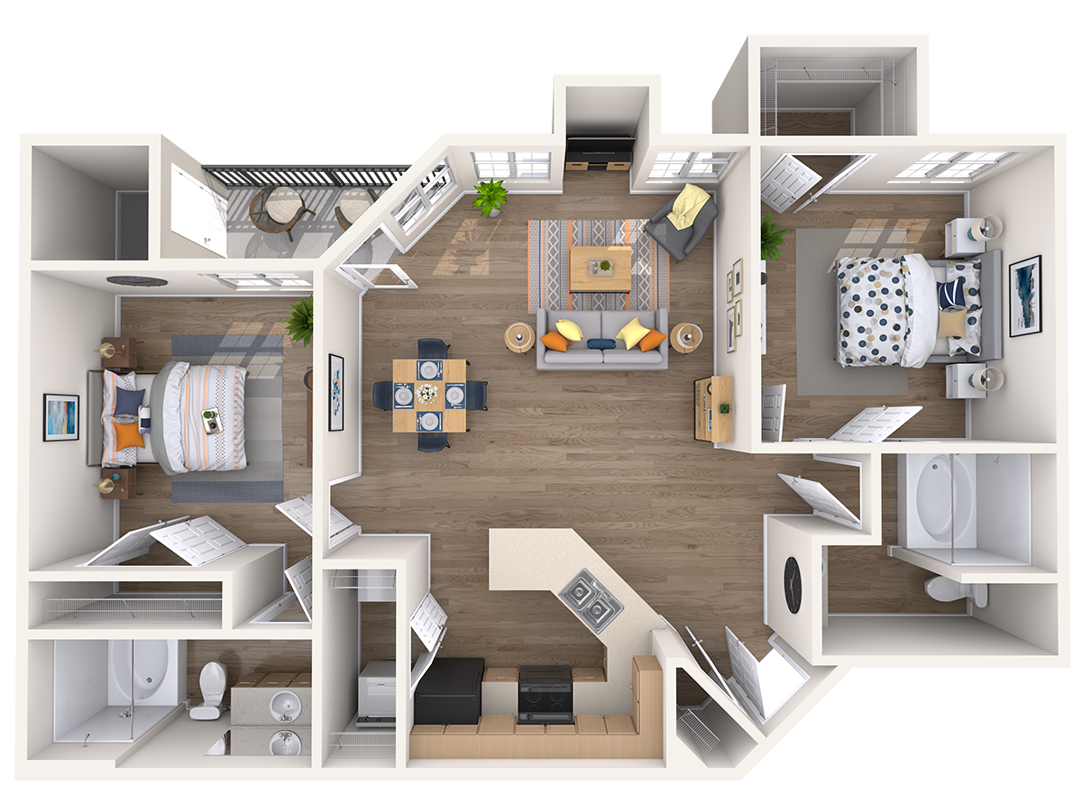 Floor plan for 2 beds, 2 baths, 1029 sqft